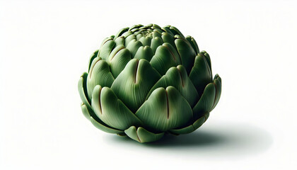 Obraz premium Vegetables A green artichoke arranged on its side, highlighting its layers and unique shape, isolated against a3