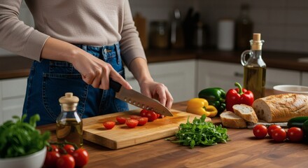 Woman Chopping Cherry Tomatoes for Salad Recipe in Kitchen