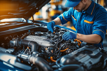 auto mechanic diagnoses a car engine failure at a service station