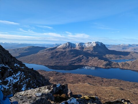 Slioch, Scotland, Fisherfield, walking poles, snow capped, mountain, loch, hike, view