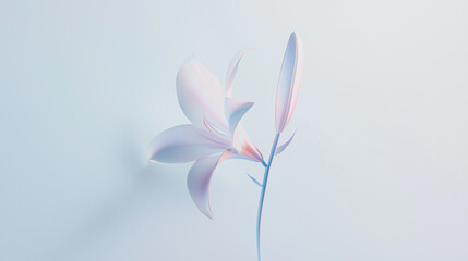 Obraz premium A minimalist, single Easter lily against a white background, its delicate petals glowing with soft pastel colors. The design emphasizes purity and the renewal of life during Easter. 