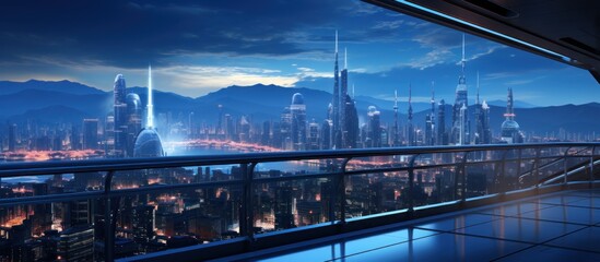 Futuristic city skyline viewed from balcony at dusk; mountains in background; game design