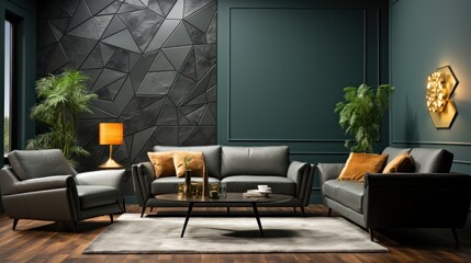 Modern gray leather sofa set in elegant living room with geometric wall art