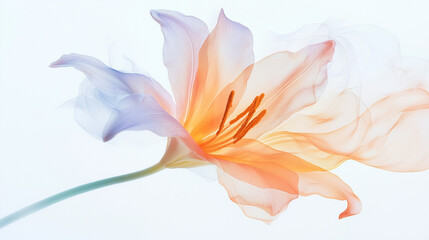 Fototapeta premium A minimalist, single Easter lily against a white background, its delicate petals glowing with soft pastel colors. The design emphasizes purity and the renewal of life during Easter. 
