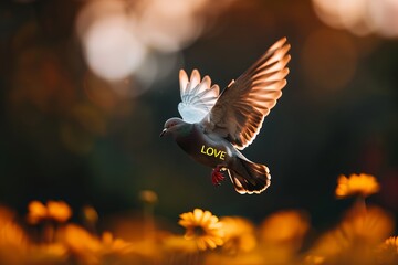 Fototapeta premium A beautiful pigeon in mid-flight, gracefully soaring amidst vibrant flowers, symbolizing freedom and love. Dove of Love and Peace, Valentine’s Day