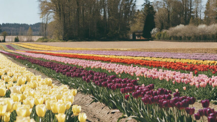 Obraz premium Vibrant tulip fields stretch to horizon, showcasing colorful array of blooms in various shades. scene evokes sense of tranquility and beauty