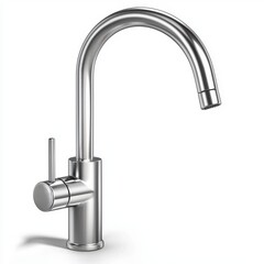 modern stainless steel kitchen faucet with a sleek curved design, isolated on a clean white background