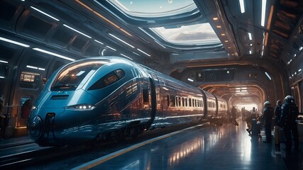 A train designed for travel in outer space, with a glossy exterior and large windows showing distant stars and planets. The train is docked at a space station, with astronauts preparing for boarding.