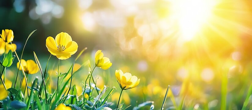 Vibrant yellow buttercup flowers in a sunlit meadow with dew on green grass illuminated by soft sun rays during sunrise or sunset in macro close-up