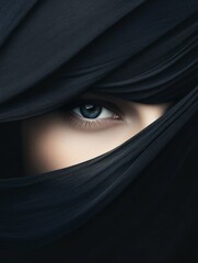 Fototapeta premium Mysterious Gaze: A Woman's Eye Partially Hidden Behind Dark Fabric