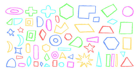 Set of basic geometric shapes. Circle, square, rectangle, triangle and other polygons drawn with charcoal. Collection of outlines geometric symbols for school written by children. Vector illustration.
