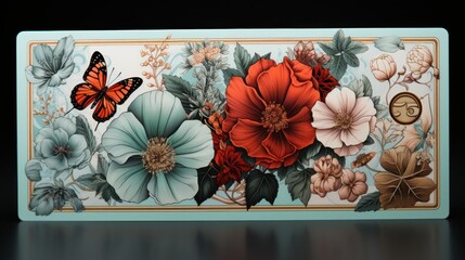 Floral design, butterfly, teal background, gift card, packaging