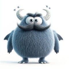 Monster with a big fluffy mustache and tiny wings, isolated on a clean white background