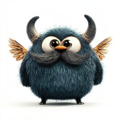 Monster with a big fluffy mustache and tiny wings, isolated on a clean white background
