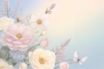 Delicate floral background in pastel colors, with roses and a butterfly