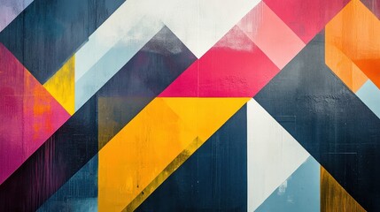Abstract geometric mural featuring vibrant colors and shapes.