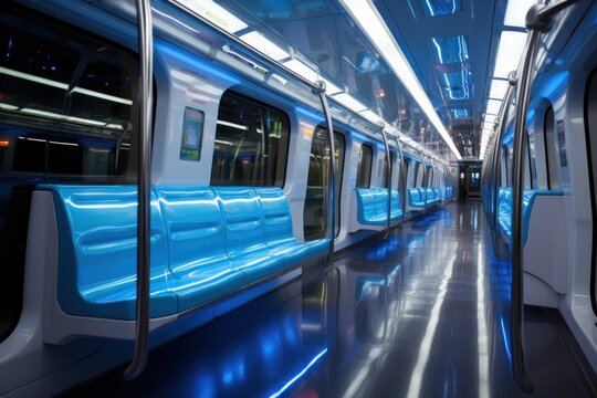 Modern subway car interior, empty seats, blue lighting, sleek design, city transit