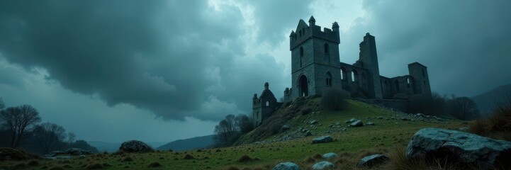 Obraz premium Crumbling gothic castle ruins under stormy sky, dark fantasy, gothic romance