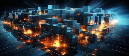 Obraz premium Glowing Cubes Cityscape; Digital Data Background