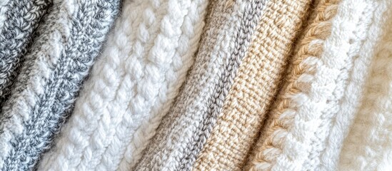 Soft muted grey, white, and cream cotton textures layered vertically create an elegant fabric background with a harmonious blend of softness.