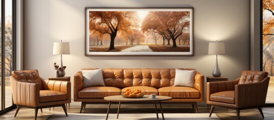Autumnal living room with leather sofa, fall landscape artwork, and natural light
