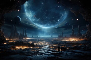 Obraz premium Alien planet, figures, cave, cosmic vista, fiery landscape, digital art, space exploration, background