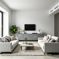 Bright white living room, gray cabinetry adds contrast , modern furniture, simple