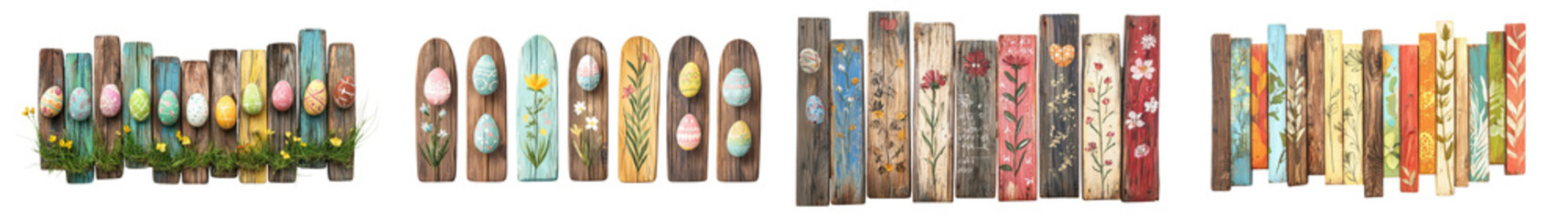 Fototapeta premium Closeup view of colorful handcrafted wooden wall hanging or decor pieces with intricate floral and botanical patterns Vintage rustic and nature inspired design elements