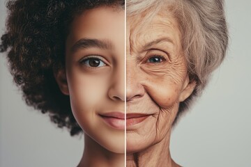 Juxtaposition of african female child and elderly caucasian woman representing age contrast