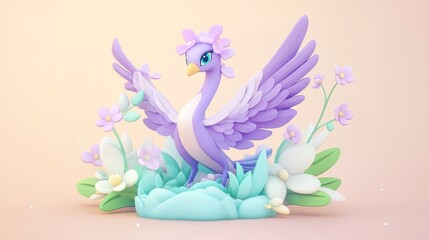 Purple bird floral spring pastel background illustration