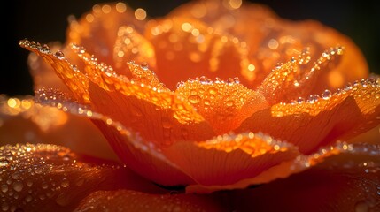 Close-up of a fiery orange poppy flower adorned with shimmering dew droplets in soft light.
