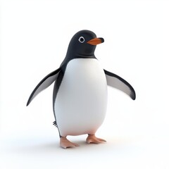 Penguin waddling on ice with its wings slightly raised, isolated on a clean white background