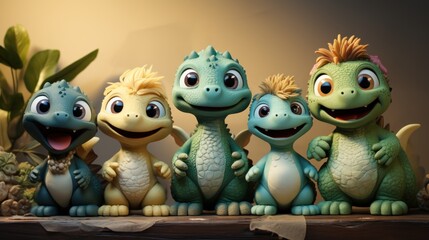 Obraz premium Cute baby dragons family posing shelf studio background, animation