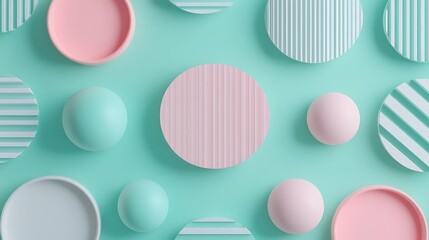 Minimalist arrangement of pastel-colored plates and spheres on a turquoise background for modern decor designs