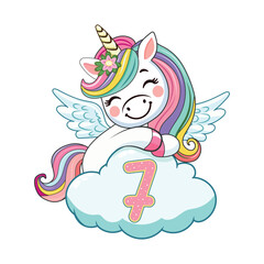 Cute humble unicorn with horn and wings hugs cloud with number 7 on white background. Poster, Banner, Flyer, Greeting Card. Vector illustration in flat cartoon style