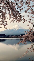 A perfect mirror image of Mount Fuji on a still lake, cherry blossoms framing the scene.
