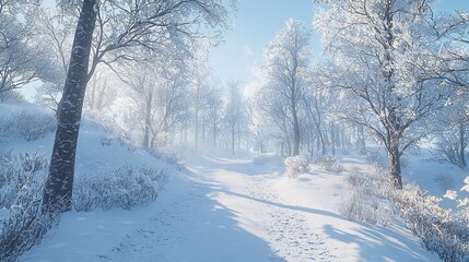 Obraz premium Snow-Covered Hiking Trail Winding Through a Snowy Forest