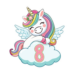 Cute humble unicorn with horn and wings hugs cloud with number 8 on white background. Poster, Banner, Flyer, Greeting Card. Vector illustration in flat cartoon style