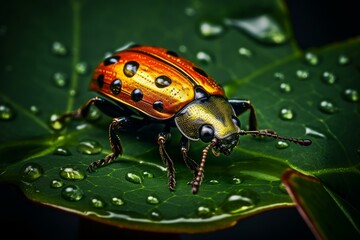 Naklejka premium Vibrant metallic beetle exploring a lush, wet leaf in a tropical rainforest, showcasing nature's beauty and diversity