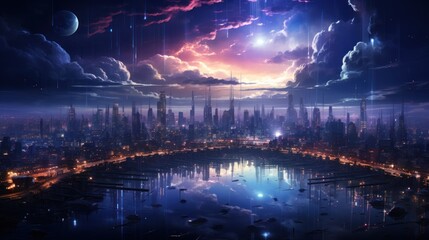 Obraz premium Futuristic city skyline, meteor shower, night, reflection, artwork