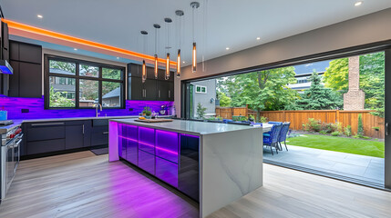 Photo - Modern Kitchen Design with Purple LED Lighting, Island, and Open Patio