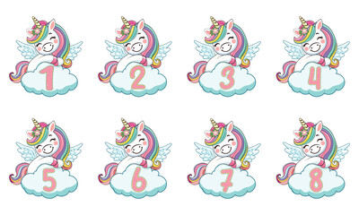 Obraz premium Set of cute humble unicorn with horn and wings hugs cloud with numbers on white background. Poster, Banner, Flyer, Greeting Card. Vector illustration in flat cartoon style