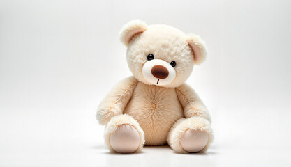 Obraz premium Stuffed teddy bear toy sitting adorably on a white background with copy space