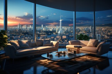 Fototapeta premium Luxury penthouse sunset city view living room (1)
