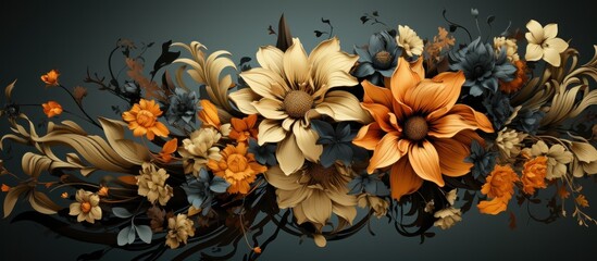 Elegant 3D floral arrangement, autumnal hues, dark background, website header