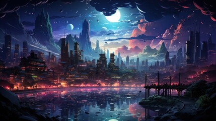 Obraz premium Futuristic city nightscape, moonlit lake, alien planets, fantasy art, game design
