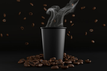 Black coffee cup with hot drink and steam, and with coffee beans on black background. 3D animation. Coffee to go. Copy space. Place for text and designs. Template.