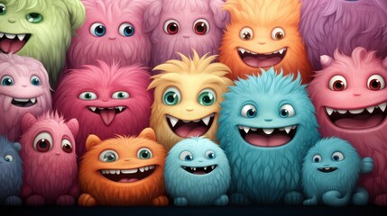 Fototapeta premium Happy colorful furry monsters crowd smiling, playful illustration, dark background, children's book