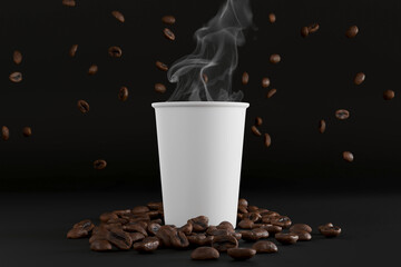 White coffee cup with hot drink and steam, and with coffee beans on black background. 3D animation. Coffee to go. Copy space. Place for text and designs. Template.