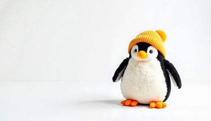 Obraz premium Stuffed penguin toy wearing a yellow hat standing cutely on a white background with copy space